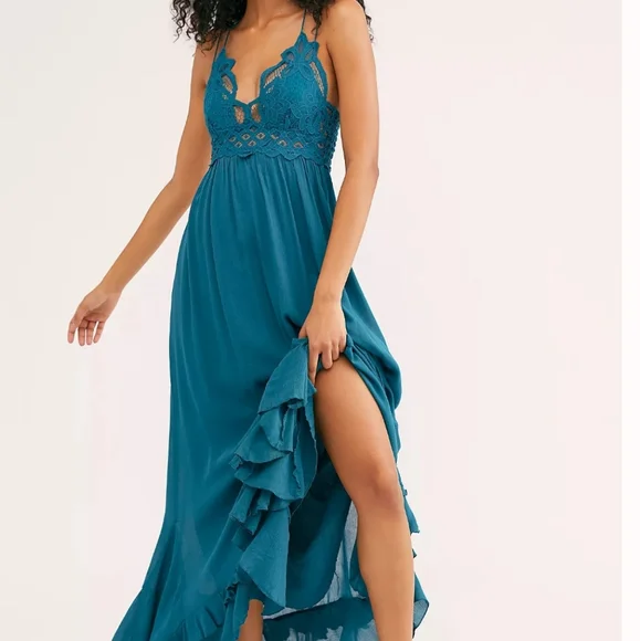 Free People | Dresses | Free People Adella Maxi Slip Dress Turquoise |  Poshmark